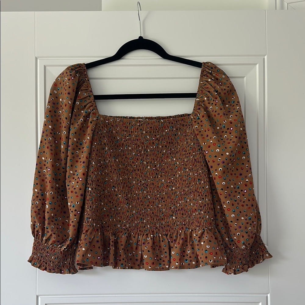 Joy Joy Brown Puff Sleeve Smocked Blouse